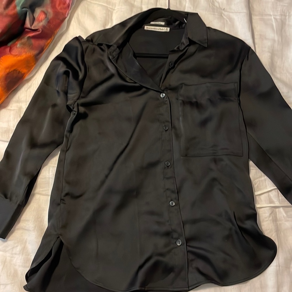 NWOT Black Satin Oversized Button-Down